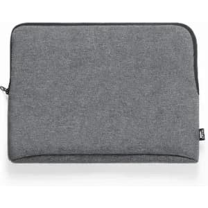 A grey laptop sleeve with a zip closure and minimalistic design, featuring a small logo.