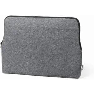 A grey laptop sleeve with a zip closure, featuring a subtle texture. It has a branding logo tag on the side.