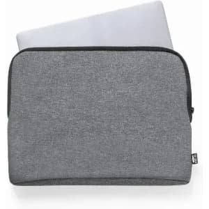 A grey laptop sleeve with a zippered closure, featuring a subtle logo on the side.