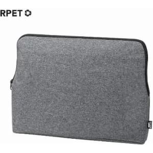 A grey laptop sleeve with a zip closure and a logo, featuring a textured fabric design.