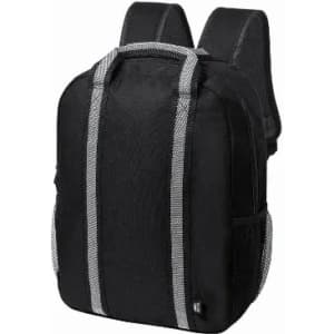 A black backpack with grey accents and padded shoulder straps, featuring side pockets and a durable design.