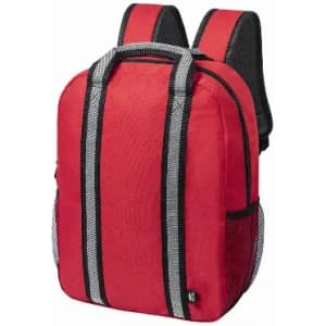 A red backpack with black accents, featuring padded straps and mesh side pockets. It has a simple design and sturdy handles.
