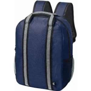 A navy blue backpack with grey straps, featuring mesh side pockets and a sturdy handle.