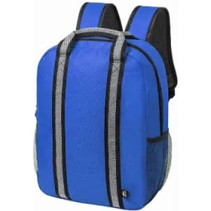 A blue backpack with black accents and mesh side pockets, featuring dual shoulder straps for carrying.