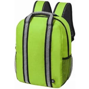 A green backpack with black accents and mesh side pockets, featuring adjustable straps and a logo.