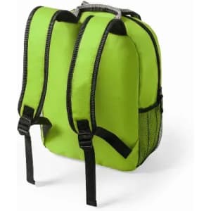 A green backpack featuring black straps and mesh side pockets. It has a rounded shape and a zippered compartment.