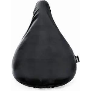 A black bicycle seat cover with a smooth finish and a small tag on the side.