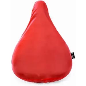 A red, teardrop-shaped bean bag with a smooth finish and a tag on one side.