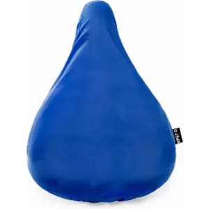 A blue drink bottle with a teardrop shape, featuring a simple design and a branding logo.
