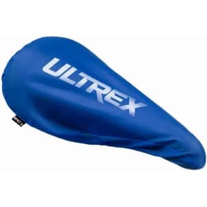 A bike seat cover in bright blue, featuring a prominent white logo.