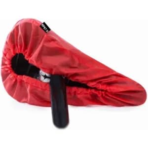 A red bike seat cover with a snug fit, designed to protect against the elements. It features a branding logo.