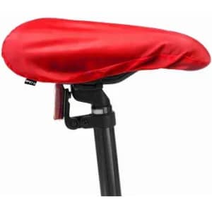 A bike seat cover in vibrant red, fitted snugly over a black bike seat with a branding tag visible.