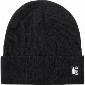A black beanie hat featuring a prominent cuff and a small logo on the side.