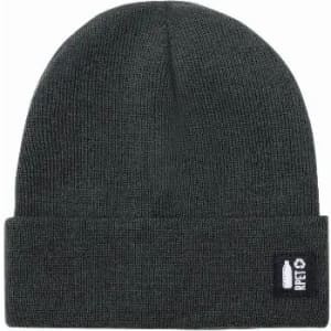 A grey beanie hat with a folded cuff and a small logo on the side.