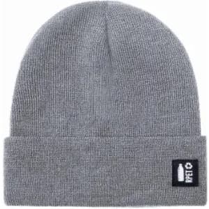 A grey beanie with a rolled cuff and a small logo on the side.