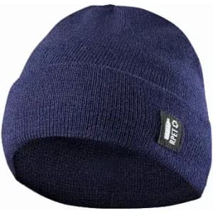 A beanie hat in navy blue with a tag, made from knitted fabric.