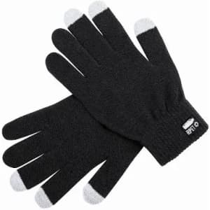 A pair of black gloves with grey tips, featuring a logo on one side.