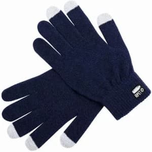 A pair of navy gloves with grey tips. The gloves have a small logo on one cuff.