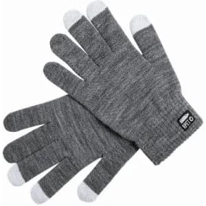 A pair of grey gloves with a textured pattern and white fingertip accents, featuring a small logo.