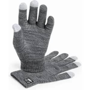 A pair of grey gloves with touch screen fingertips, featuring a textured finish and a logo on the cuff.