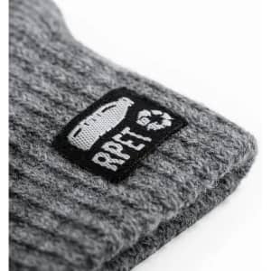 A grey knitted beanie featuring a textured pattern and a black logo.