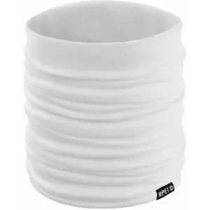 A drink bottle in a textured white design with a logo and a rounded top.