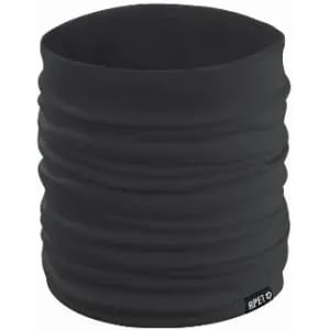 A black multifunctional headwear accessory, featuring a gathered texture and a small logo at the bottom.
