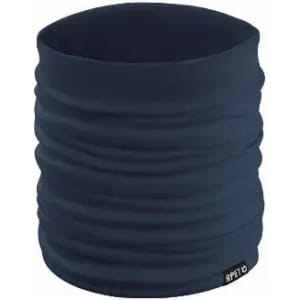 A navy blue neck gaiter with a textured, gathered design and a small logo tag on the side.