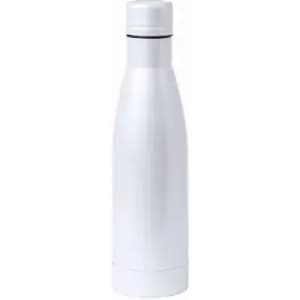 A drink bottle in white with a sleek design and a black accent band. It features a logo at the top.