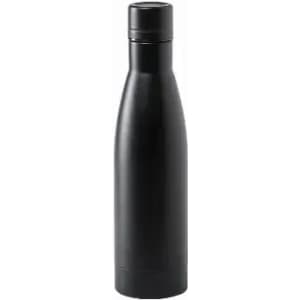 A drink bottle in sleek black, featuring a modern design and a fitted cap. It has a logo on the front.
