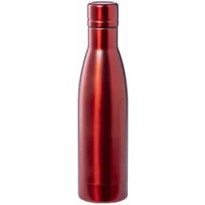 A drink bottle in a sleek, metallic red finish with a silver cap and a branded logo on the side.