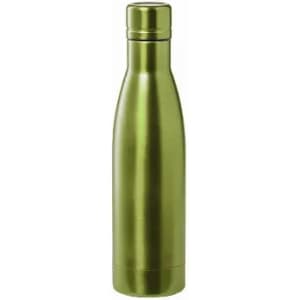 A drink bottle in a sleek, green metallic finish, featuring a secure screw cap and a logo.