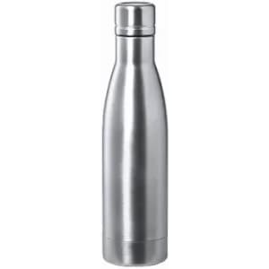 A drink bottle in a sleek, silver metallic finish, featuring a modern design and a branding logo.