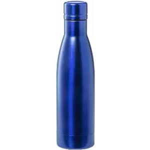 A drink bottle in a sleek, shiny blue finish with a cylindrical shape and a cap. It features a logo.