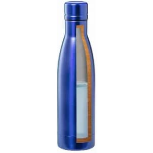 A drink bottle in metallic blue with a wooden accent and a transparent section showcasing the contents.
