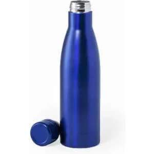 A drink bottle in shiny blue with a stainless steel top and a separate cap. It has a sleek, modern design.