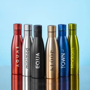 A drink bottle collection featuring colours of red, silver, black, blue, and green, with various brand logos.