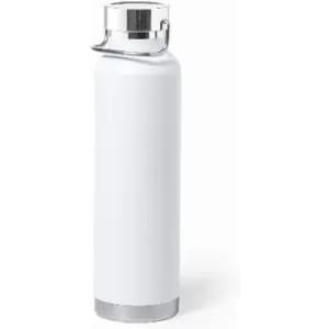 A drink bottle in white with a stainless steel base and a silver lid, featuring a logo.