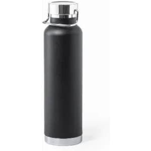 A drink bottle in matte black with a stainless steel base and a screw top lid. Features a logo on the body.