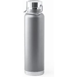 A drink bottle in a sleek silver finish with a stainless steel lid and handle, featuring a minimalist design.