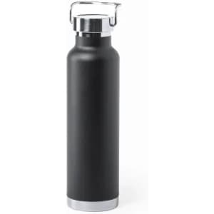A drink bottle in matte black with a stainless steel top and a silver base, featuring a wire clip for attachment.