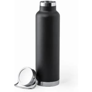 A drink bottle in matte black with a silver base and cap, featuring a sleek design and a removable lid.