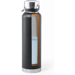 A drink bottle in black with a wooden accent, featuring a clear window to view the contents inside.