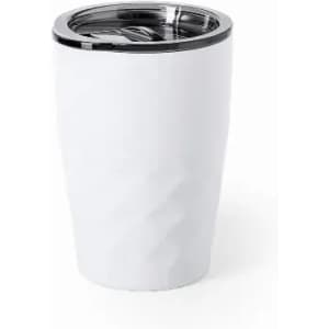 A drink bottle in a sleek white design with a metallic silver lid and a logo on the side.