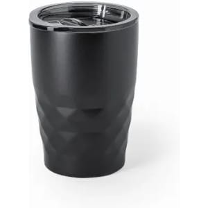 A drink bottle in matte black with a textured design and a clear lid. It features a logo on the side.