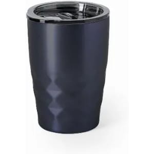 A drink bottle in a dark navy colour with a textured design and a clear lid. It features a logo on the side.