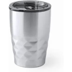 A drink bottle in a shiny silver finish with a textured design and a black lid.