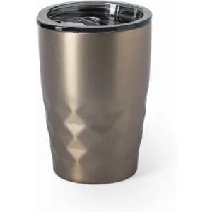 A drink bottle featuring a textured, metallic bronze finish and a clear lid. It has a modern, geometric design.
