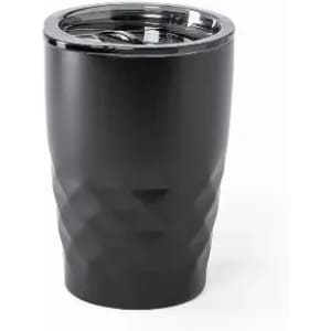 A drink bottle in a matte black finish with a textured design, featuring a clear lid. It includes a logo.
