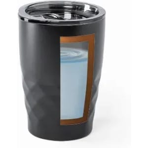 A drink bottle featuring a black exterior with a translucent blue inner section and a shiny silver rim.
